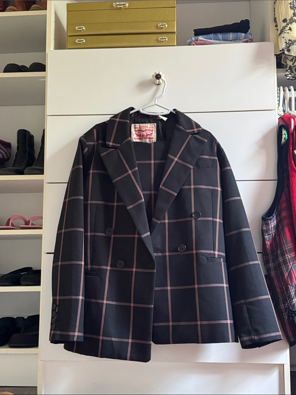 Levi's Black Double-Breasted Windowpane Blazer and matching flare dress pants